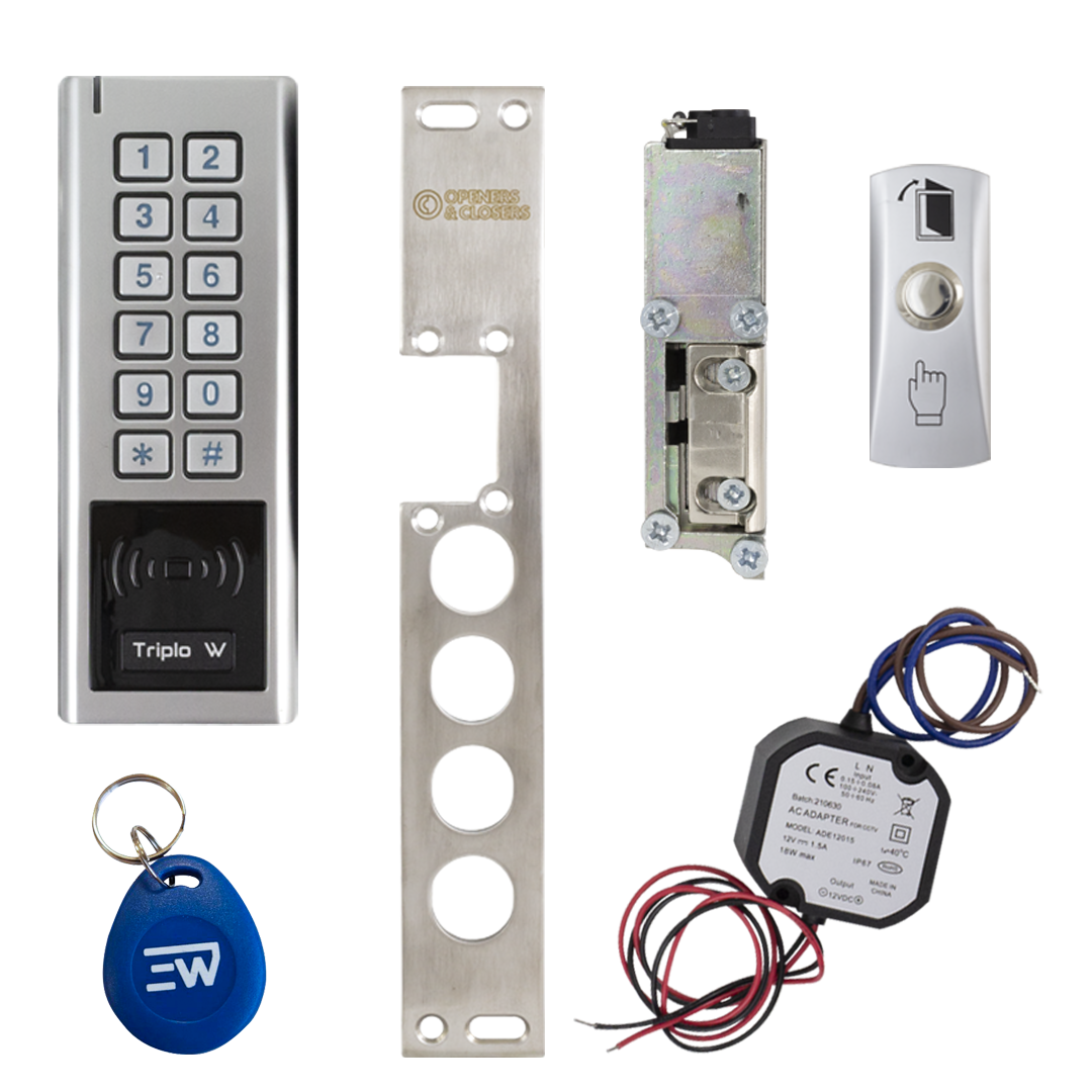 Kit020 - Para uso exterior, Fonte IP67, Controlo de acessos autónomo, Trinco/Testa Eléctrica para portas blindadas direitas, Espelho de 4 furos incluído, Com botão de saída Interior